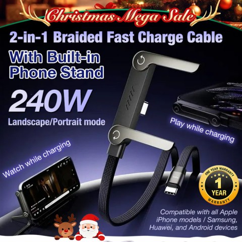 2-in-1 Braided Fast Charge Cable With Built-in Phone Stand