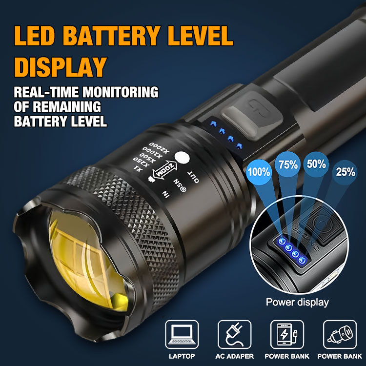 New year promotion Save 200P - One Year Warranty - Super Powerful Zoomable Flashlight - Battery display/Ultra-light LED/Type-c charging - Up to 4900m illumination range